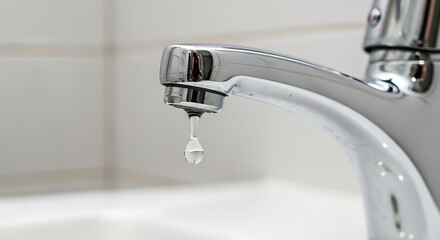 Close-up of a Modern Chrome Faucet with Droplet of Water in Bathroom