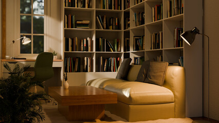 3D rendered interior modern living room library with bookshelves, sofa and work desk