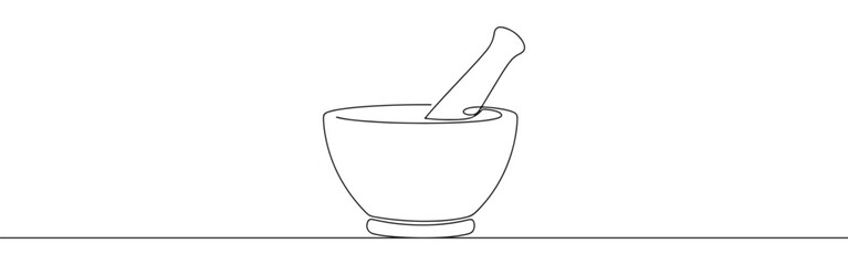 Continuous one line drawing of a mortar and pestle, symbolizing traditional medicine, pharmacy, cooking, and grinding ingredients.	