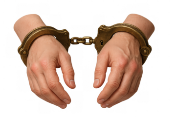 Hands wearing antique brass handcuffs representing arrest, crime, justice, punishment, and law enforcement concepts