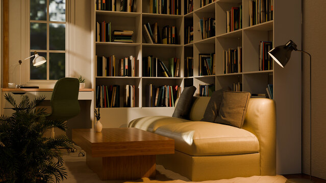3D rendered interior modern living room library with bookshelves, sofa and work desk