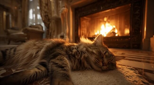 Gato dormido en la chimenea