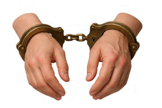 Hands wearing antique brass handcuffs representing arrest, crime, justice, punishment, and law enforcement concepts