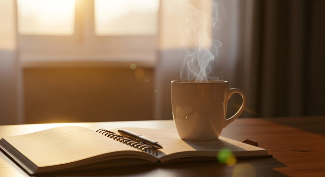 Steaming mug notebook and pen on wooden table ideal for cozy workspace concept, work from home themes, and productivity designs.