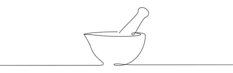 Continuous one line drawing of a mortar and pestle, symbolizing traditional medicine, pharmacy, cooking, and grinding ingredients.	