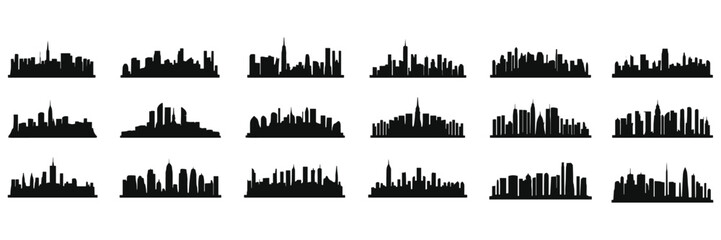 Collection of modern city skyline silhouettes, illustrating urban architecture and cityscapes in black.