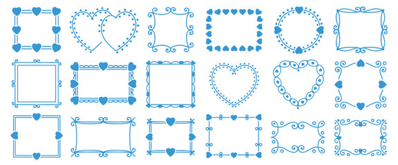 Collection of blue heart and decorative frames for romantic occasions and design elements