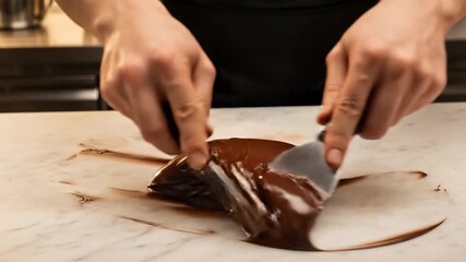 Hands spread rich dark melted chocolate with a metal spatula on a light surface during confectionary preparation - Powered by Adobe