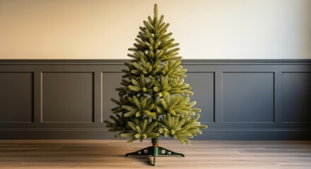 Full Unlit Artificial Pine Christmas Tree with Stand Indoors Against Wall