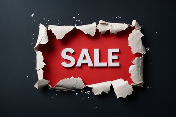 Sale torn paper opening on red background with bold white text
