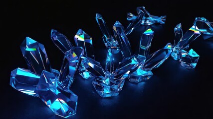 floating glass crystals in dark space, glowing neon blue edges, rainbow light reflections, futuristic sci-fi abstract design - Powered by Adobe