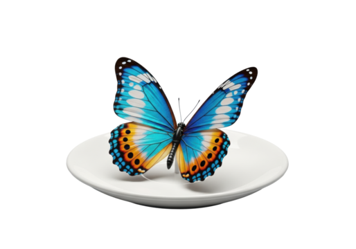 A meticulously crafted decorative butterfly specimen with iridescent blue, teal, orange wings and precise spots, on a white ceramic plate against a transparent background, concept of elegant product