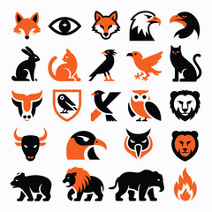 Collection of stylized animal vector icons and symbols in orange and black