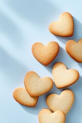 Obraz premium Heart-shaped cookies arranged artistically on a light blue background, showcasing a delightful and charming dessert concept perfect for celebrations and special occasions, vertical shot
