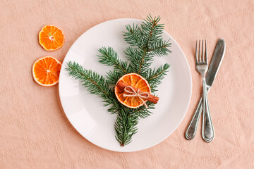 Christmas table setting for christmas dinner, served table with plate, gift, champagne glass, New...