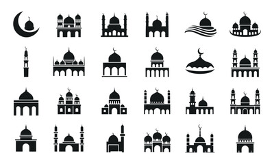 Naklejka premium Collection of islamic mosque silhouettes and crescent moon icons for religious symbols