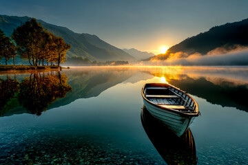 Fototapeta premium Peaceful sunrise over calm mountain lake with wooden boat and mist