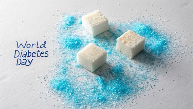 A symbolic still life showing broken sugar cube surrounded by blue circle light representing diabetes awareness, prevention, and global health campaign for World Diabetes Day visuals.