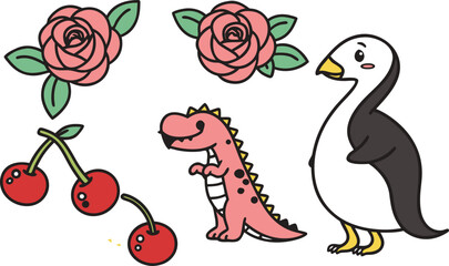 Obraz premium Playful cartoon elements for creative designs, pink rose blossoms, cute penguin, pink dinosaur and cherries create a whimsical mood, perfect for spring projects