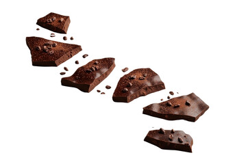 Artisanal dark chocolate bark pieces with irregular edges, varied textures, cocoa powder, and cacao nibs, arranged on a transparent background, minimalist food photography concept
