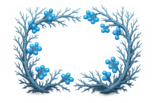 Winter wreath frame with frozen blue berries and bare branches, creating a cool holiday border, transparent background