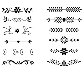 Set of ten elegant black floral and leaf ornamental dividers for design