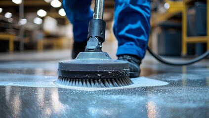 Industrial Floor Cleaning: Worker Scrubbing Factory Floor with Rotary Machine and Cleaning Solution for Hygiene and Maintenance