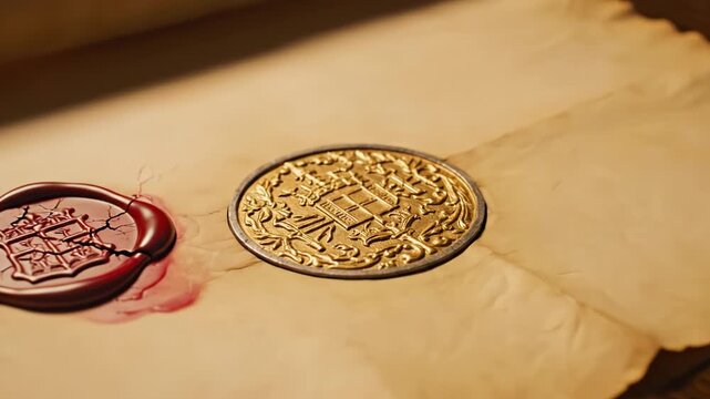 Ancient parchment adorned with intricate golden seal and deep red wax, showcasing authenticity and tradition in vintage document that highlights historical significance and formality