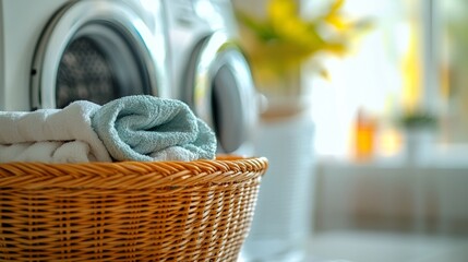 Obraz premium Freshly Laundered Towels in Wicker Basket with Modern Washing Machine in Background, Clean Laundry Concept, Home Interior, Soft Light