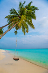 Tranquil closeup calm sea water waves with palm trees. Beautiful Panorama, Tropical island beach landscape exotic shore coast. Summer vacation, holiday amazing nature. Relax paradise, Maldives.
