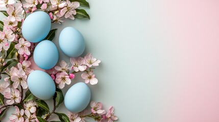 Easter Still Life: Pastel Blue Eggs and Delicate Pink Blossoms on a Gradient Background with Copy Space for Festive Spring Greetings