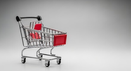 Empty Metal Shopping Cart with Red Plastic Details on Gray Background