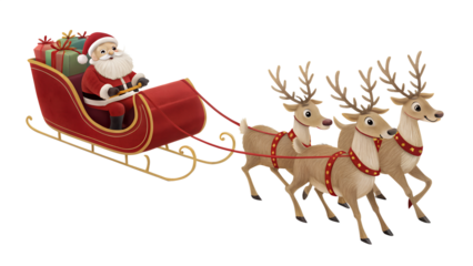 Santa claus riding sleigh with reindeer christmas gifts holiday season festive illustration vector graphic