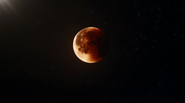 Eerie lunar eclipse casts an amber glow, speckled with stars. A celestial dance unfolds, the moon's shadow paints the night, captivating the cosmos observers. - Powered by Adobe