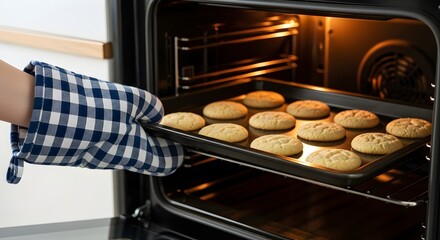 Hand wearing oven mitt pulls a baking sheet of golden brown cookies from convection oven.