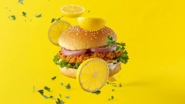 Floating Burger with Lemon Slices and Herbs Exploding Against Bright Yellow Background