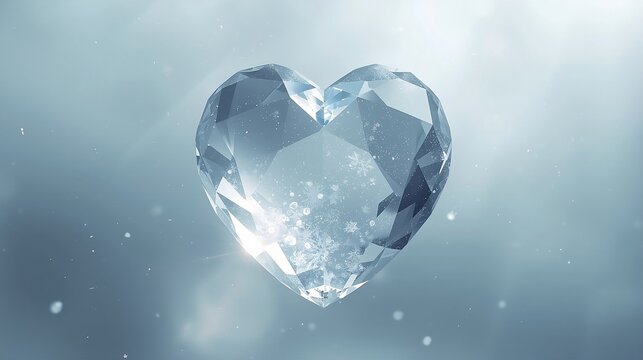 Shimmering ice crystal heart with faceted glass, frosty edges, and soft bokeh glow on a winter backdrop. Romantic and modern, ideal for holiday greetings, Valentine theme, and elegant seasonal screens