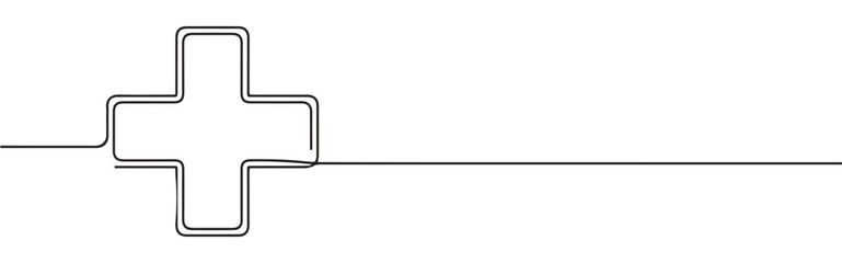Continuous one line drawing of a simple medical cross or plus sign, symbolizing health, first aid, medicine, and healthcare services.