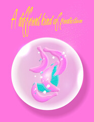 Obraz premium A Different Kind of Prediction Poster. Glassmorphism Crystal Ball with Flat Bananas, Surreal Art