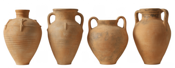 Ancient clay amphorae collection isolated on a transparent background