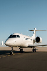 Front view of a luxury private jet on the runway, captured in minimalistic daylight with clear sky background. Sleek and modern business aircraft symbolizing wealth, success, and exclusive lifestyle.