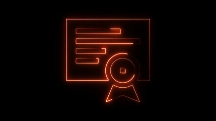 Glowing orange neon certificate award diploma achievement recognition success award symbol glowing on black