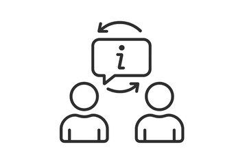 Obraz premium Minimal linear icon showing human figures and information bubble with circular arrows, symbolizing knowledge sharing, discussion, and peer interaction in corporate or learning systems.