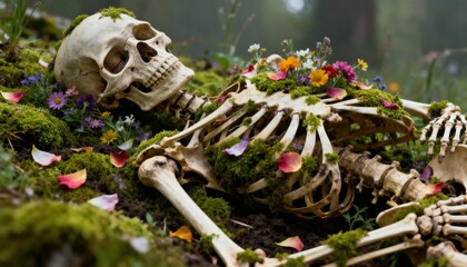 Ephemeral Remains: A poignant depiction of mortality unfolds with a skeletal figure, embraced by nature, symbolizing the delicate interplay between life and death.