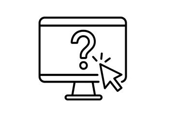 Minimal linear icon showing a computer screen with click interaction on a question mark, symbolizing online guidance, learning, and technical support visuals.