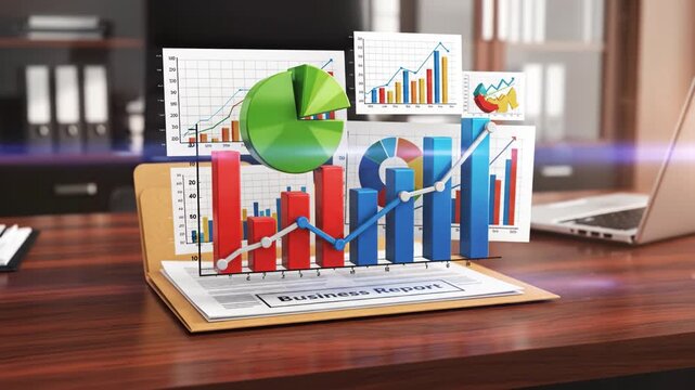 Comprehensive Business Report Showcasing Colorful Graphs and Charts on Desk, Highlighting Data Analysis, Financial Growth, and Strategic Planning with Emphasis on Statistics and Performance Insights