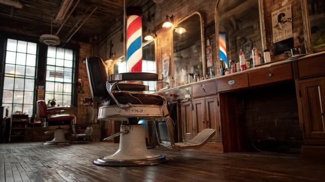 Interior view of a vintage barbershop with classic barber chairs mirrors and decor