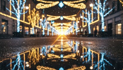 Festive city street decorated with lights and reflections in puddle
