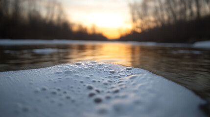 Mesmerizing river foam in a golden sunset:  An icy edge meets the flowing water under a serene sky. The light enhances nature's textures, a quiet, natural landscape.