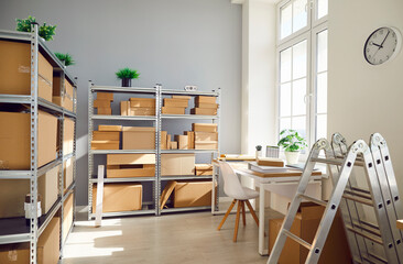 Warehouse devoid of activity, shelves filled with cardboard boxes. This scene depicts a wholesale...